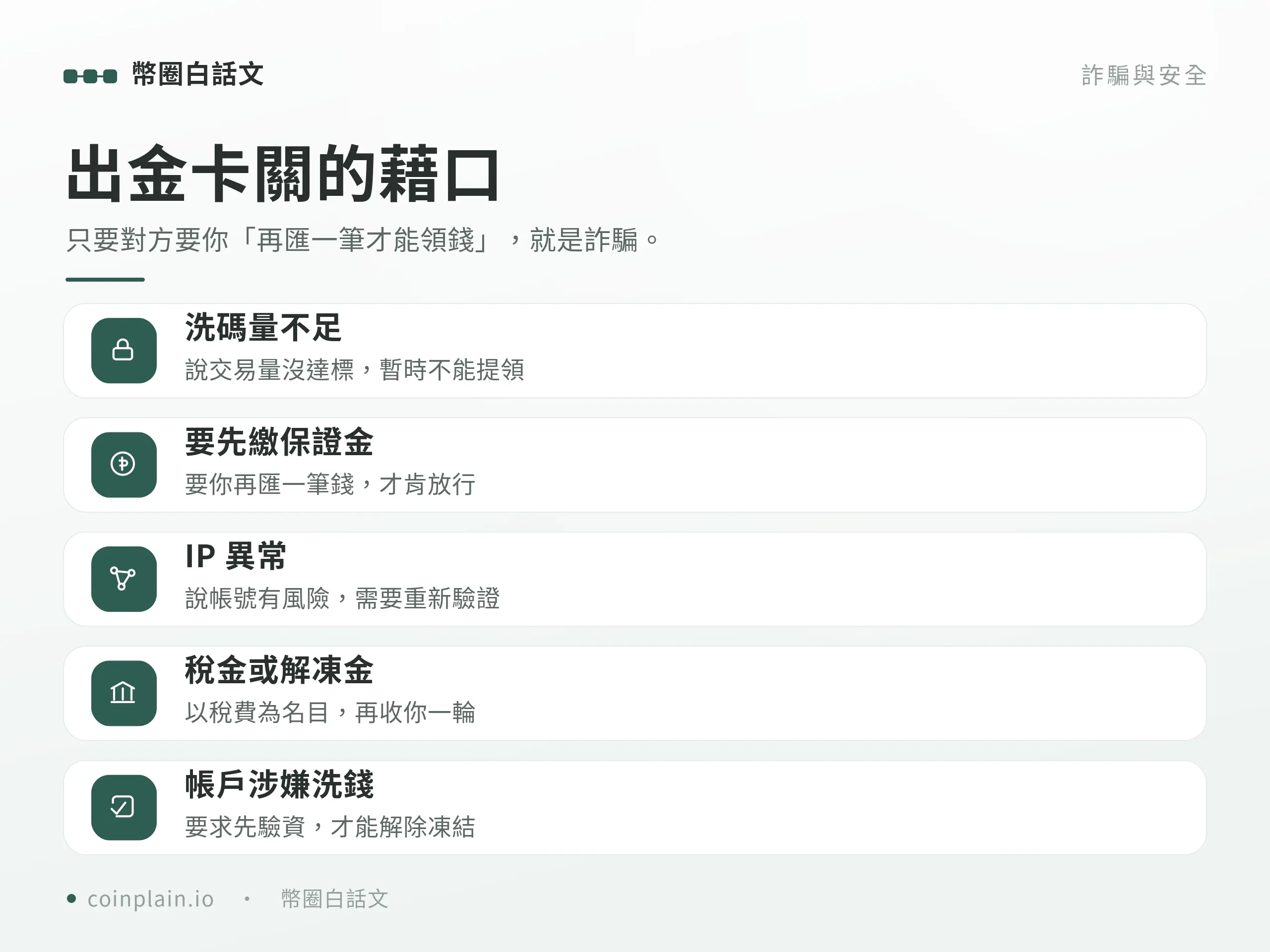 殺豬盤十個警訊清單圖:換私人通訊軟體、始終無法見面、獲利截圖、內線管道、保證獲利、非官方商店 App、要求匯個人帳戶或 USDT、出金要繳費、要求保密