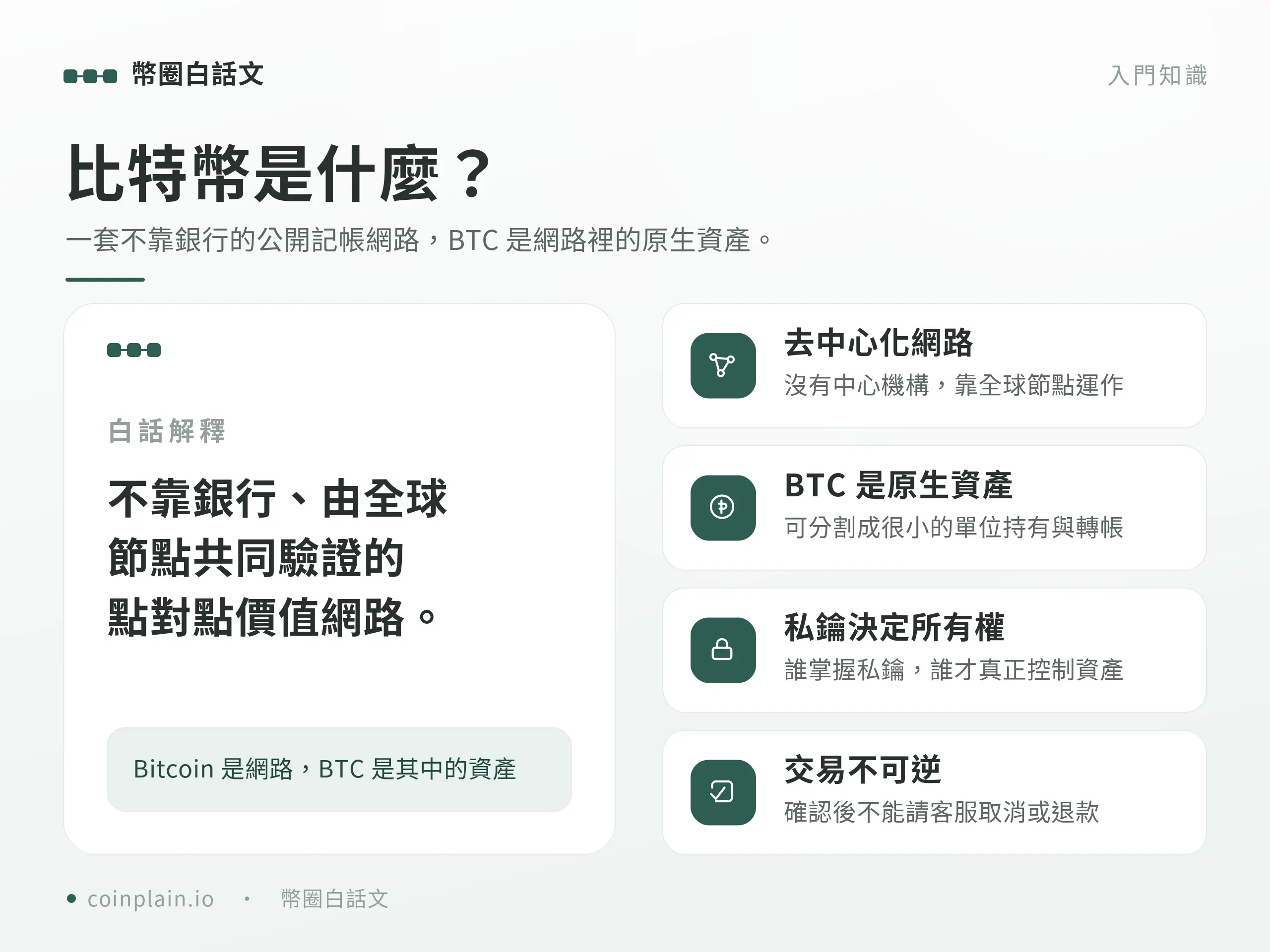 圖解 Bitcoin 是一整套去中心化網路,而 BTC 是這個網路裡的原生資產。